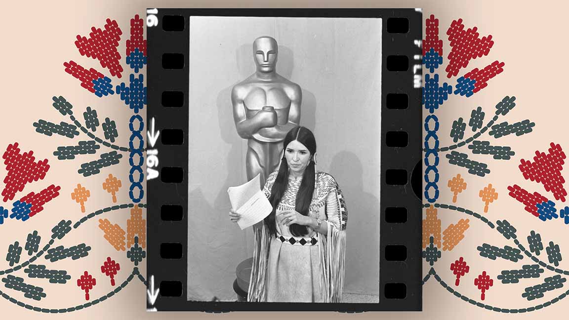 Photo of Sacheen Littlefeather at Academy Awards set in a decorative color pattern.