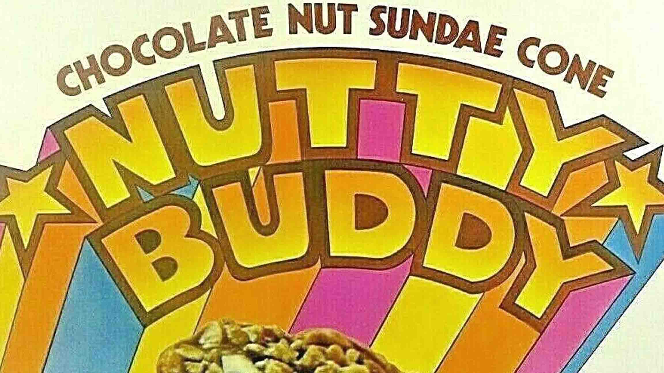 A vintage poster depicting a Nutty Buddy ice cream treat with peanuts and chocolate on top
