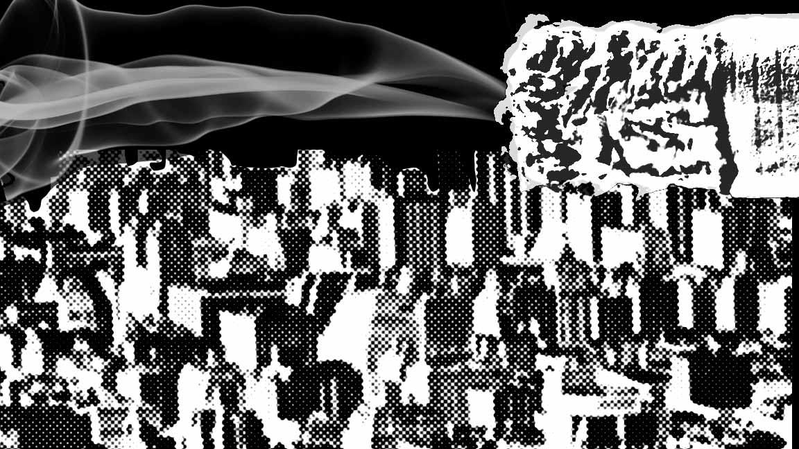 City of New York bird's-eye view. Skyscrapers. Cigarette burns in foreground and smoke fills black sky over skyline.