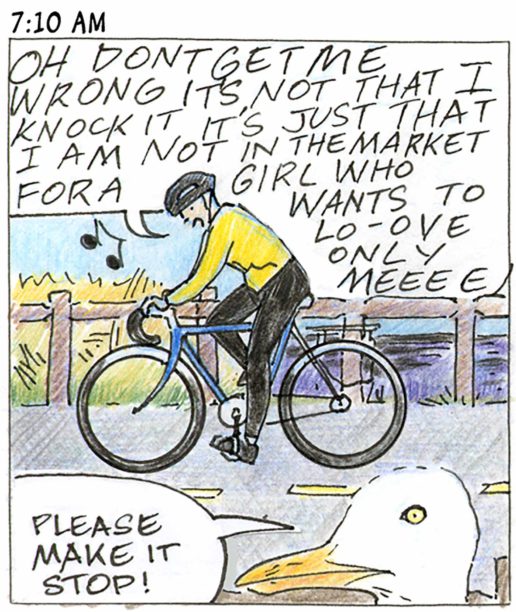 Panel 3, 7:10 AM: Same person riding bicycle on road wearing bike helmet singing "Oh don't get me wrong it's not that I knock it it's just that I am not in the market for a girl who wants to lo-ove only meeee." A seagull in foreground says "Please make it stop!"