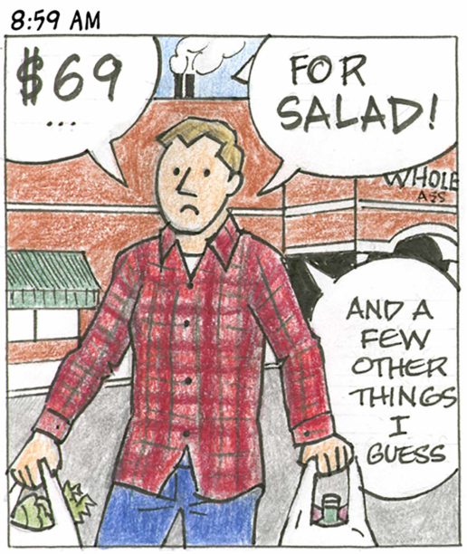 Panel 6, 8:59 AM: Our person wearing blue pants and a red-plaid shirt walking away from store with sign reading WHOLE ASS says "$69... for SALAD! And a few other things I guess
