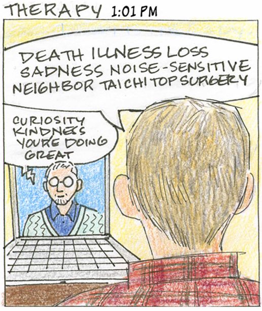 Panel 15, Therapy, 1:01 PM: Back of person's head as they face a laptop screen. "Death illness loss sadness noise-sensitive neighbor tai chi top surgery"" On the laptop screen person in shirt and sweater wearing glasses says "Curiosity kindness you're doing great"