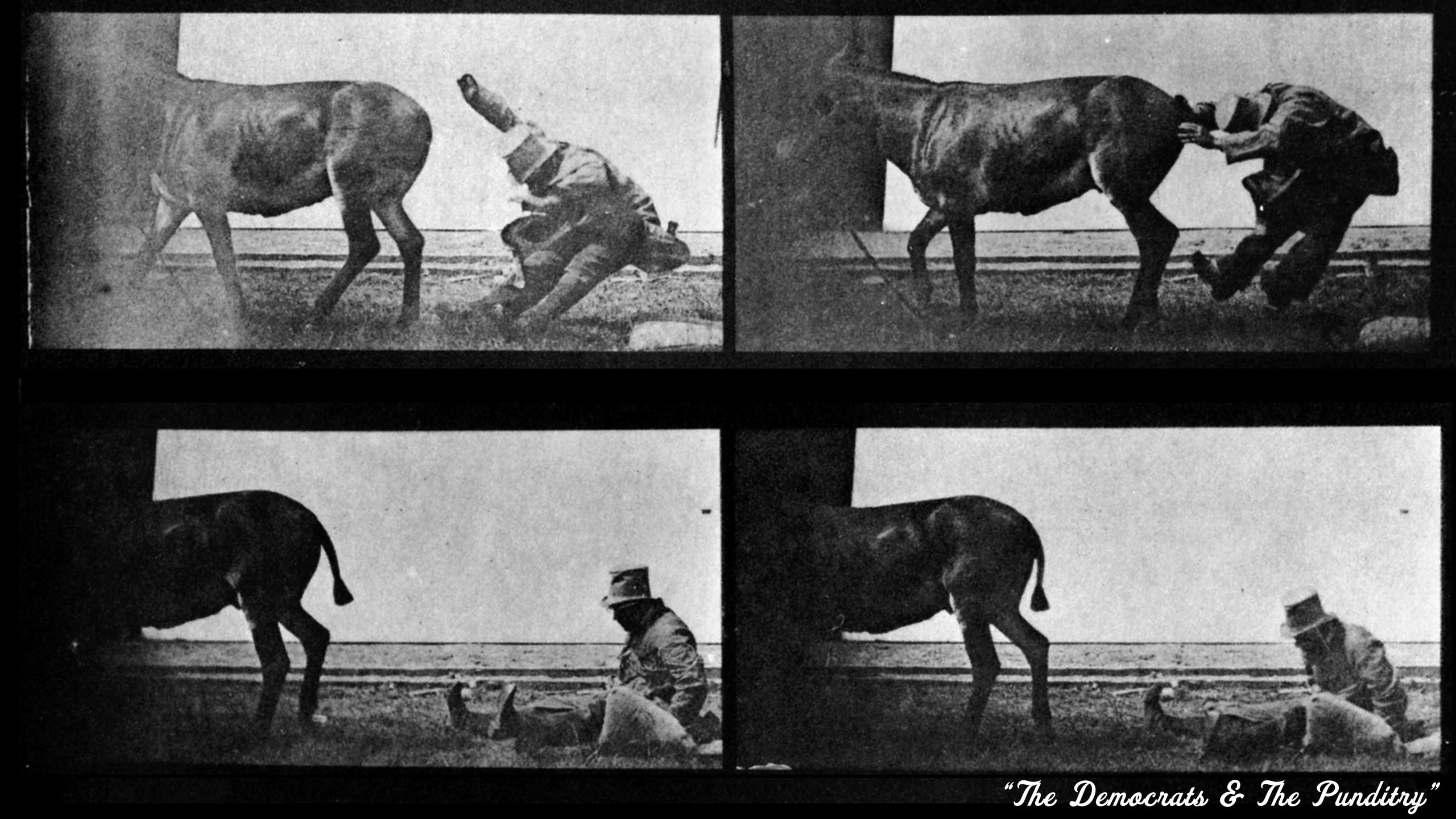 Antique film frame images of a man in a topcoat and stovepipe hat attempting to grab a donkey and failing, ending up in a seated position on the ground as the donkey escapes