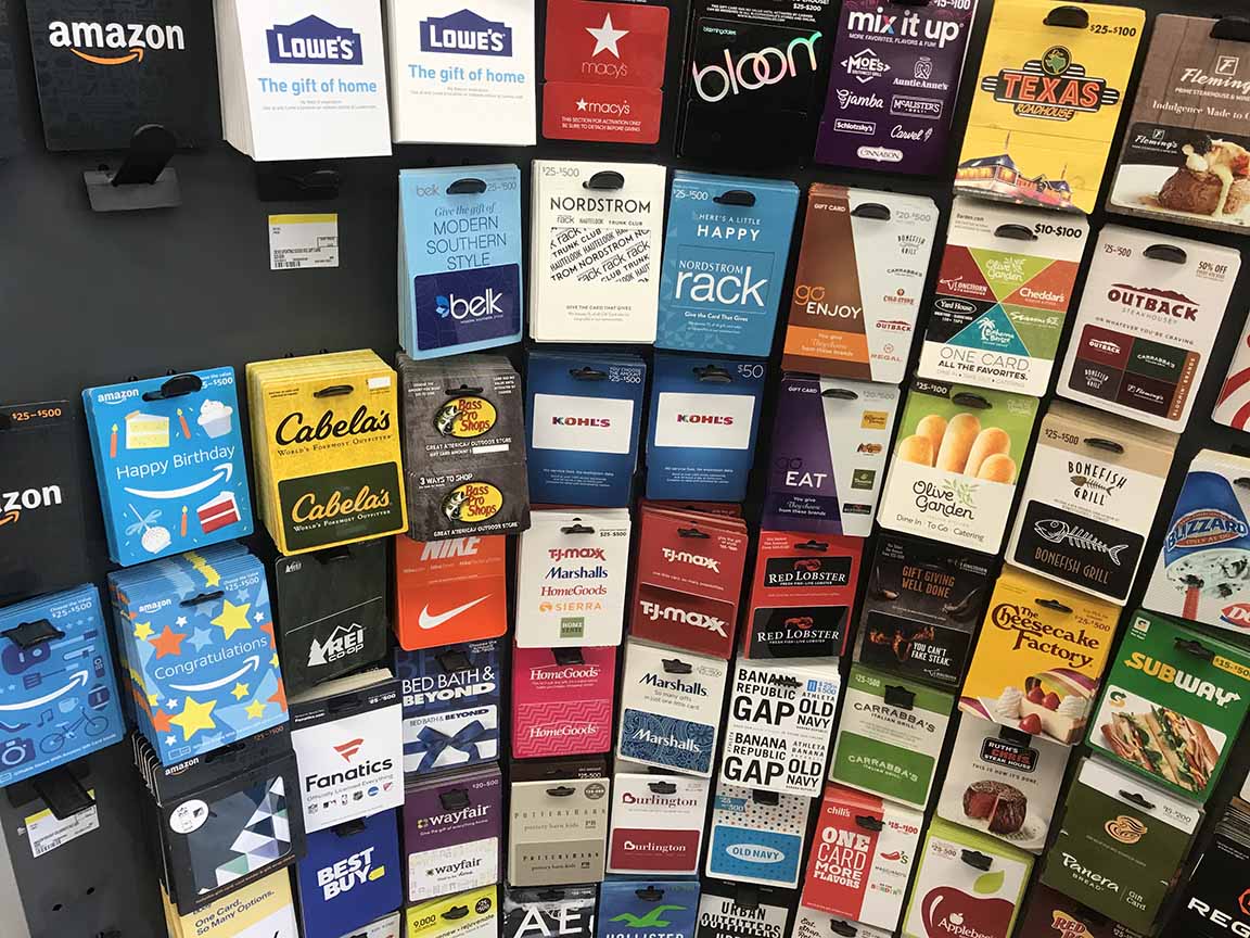 A display of name-brand gift cards at Walgreen's