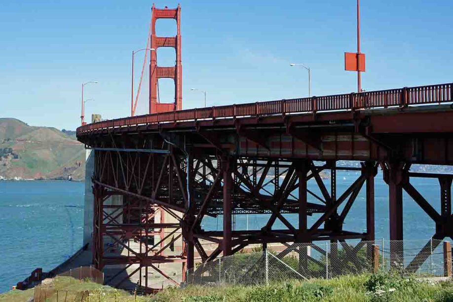 A photo featuring the lower supporting steel  structure of the Golden Gate Bridge