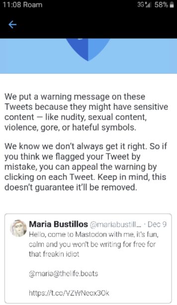 A screenshot of the offenindg tweet and warning message from Twitter.